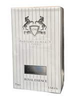 A 75ml box of Parfums de Marly Galloway Royal Essence perfume, featuring a white pinstripe design with a silver crest and logo.