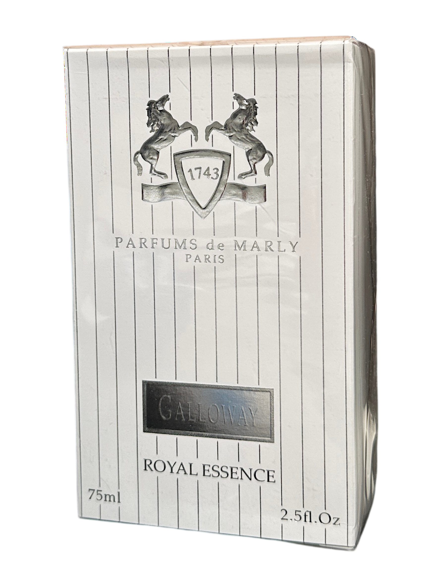 A 75ml box of Parfums de Marly Galloway Royal Essence perfume, featuring a white pinstripe design with a silver crest and logo.