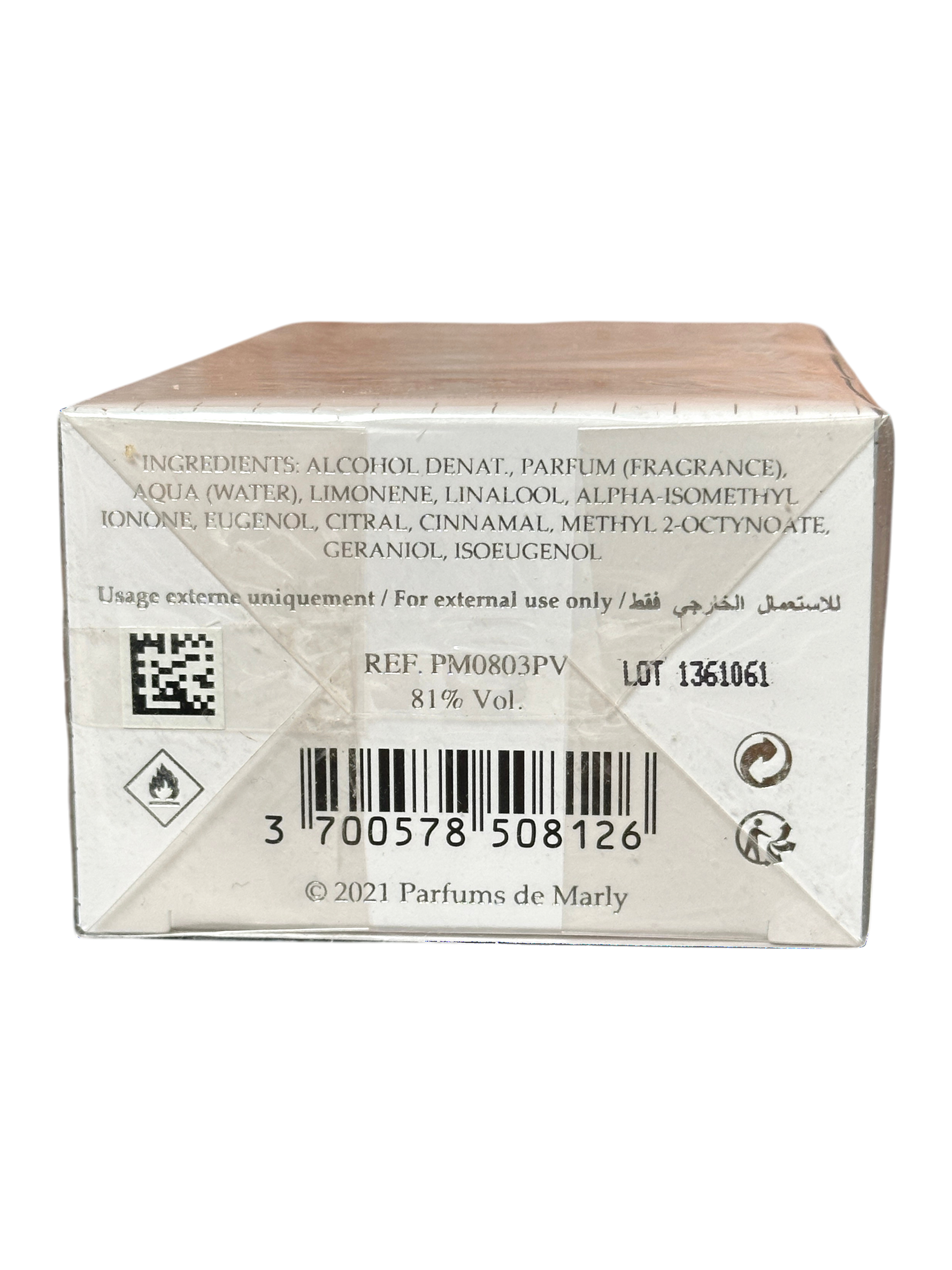 The back of a white cardboard box for Parfums de Marly fragrance, showing product ingredients, a barcode, and lot number LOT 1361061.