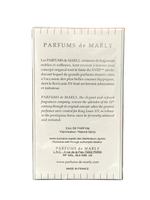 The back of a Parfums de Marly perfume box, printed in French and English on a light beige background with a subtle grid pattern.