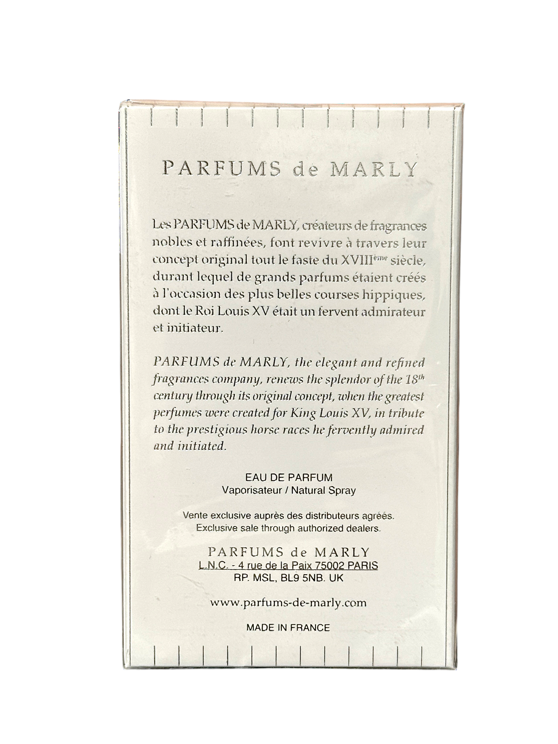 The back of a Parfums de Marly perfume box, printed in French and English on a light beige background with a subtle grid pattern.