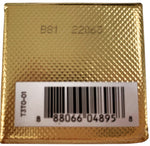 Gold foil label with a barcode and text on a white background