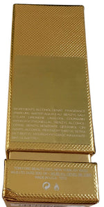 Gold rectangular product packaging with text on a white background