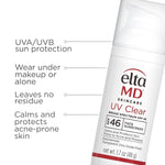 Eltamd UV Clear sunscreen tube with text highlighting features on a white background