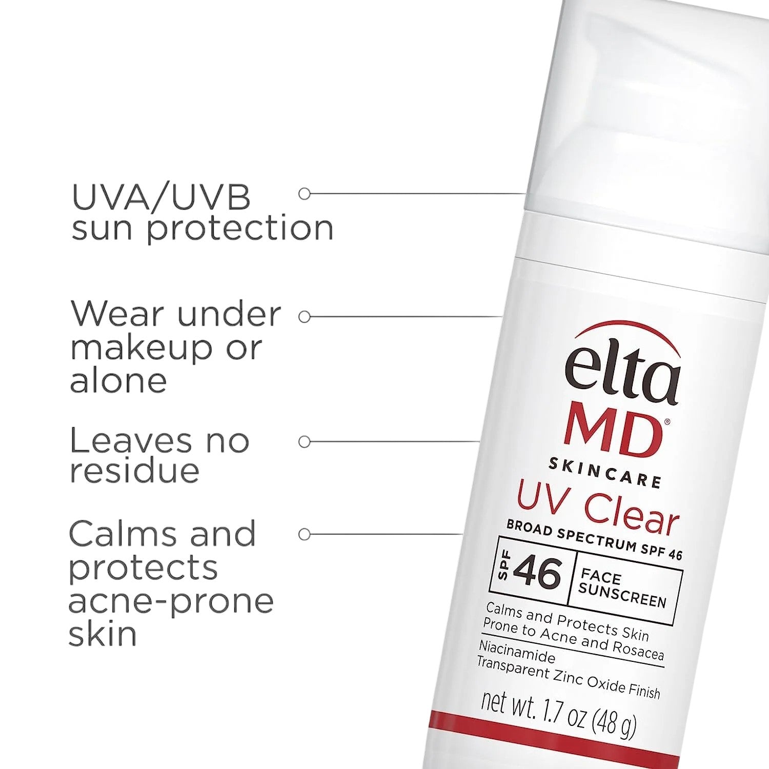 Eltamd UV Clear sunscreen tube with text highlighting features on a white background