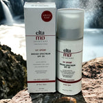 Eltamd UV Sport Broad-Spectrum SPF 50 sunscreen bottle and packaging on a natural background