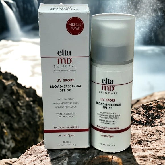 Eltamd UV Sport Broad-Spectrum SPF 50 sunscreen bottle and packaging on a natural background