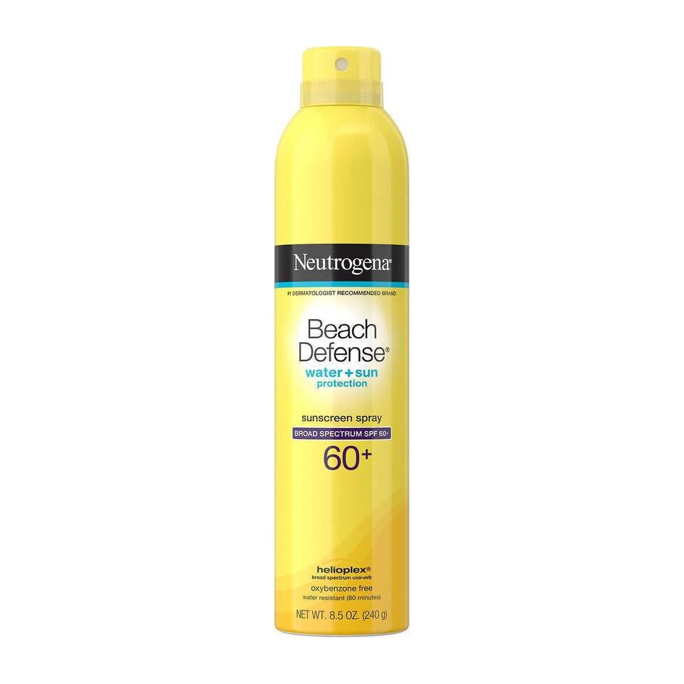 Neutrogena Beach Defense sunscreen spray bottle on a white background