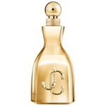 Gold perfume bottle with a prominent logo on a white background