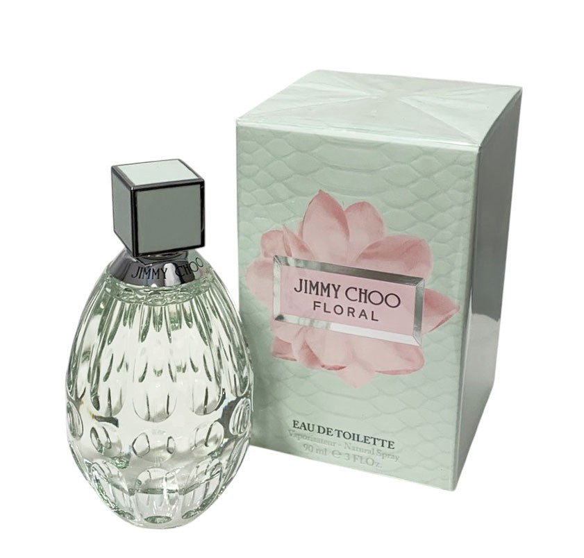 Jimmy Choo floral eau de toilette bottle and packaging on a white background