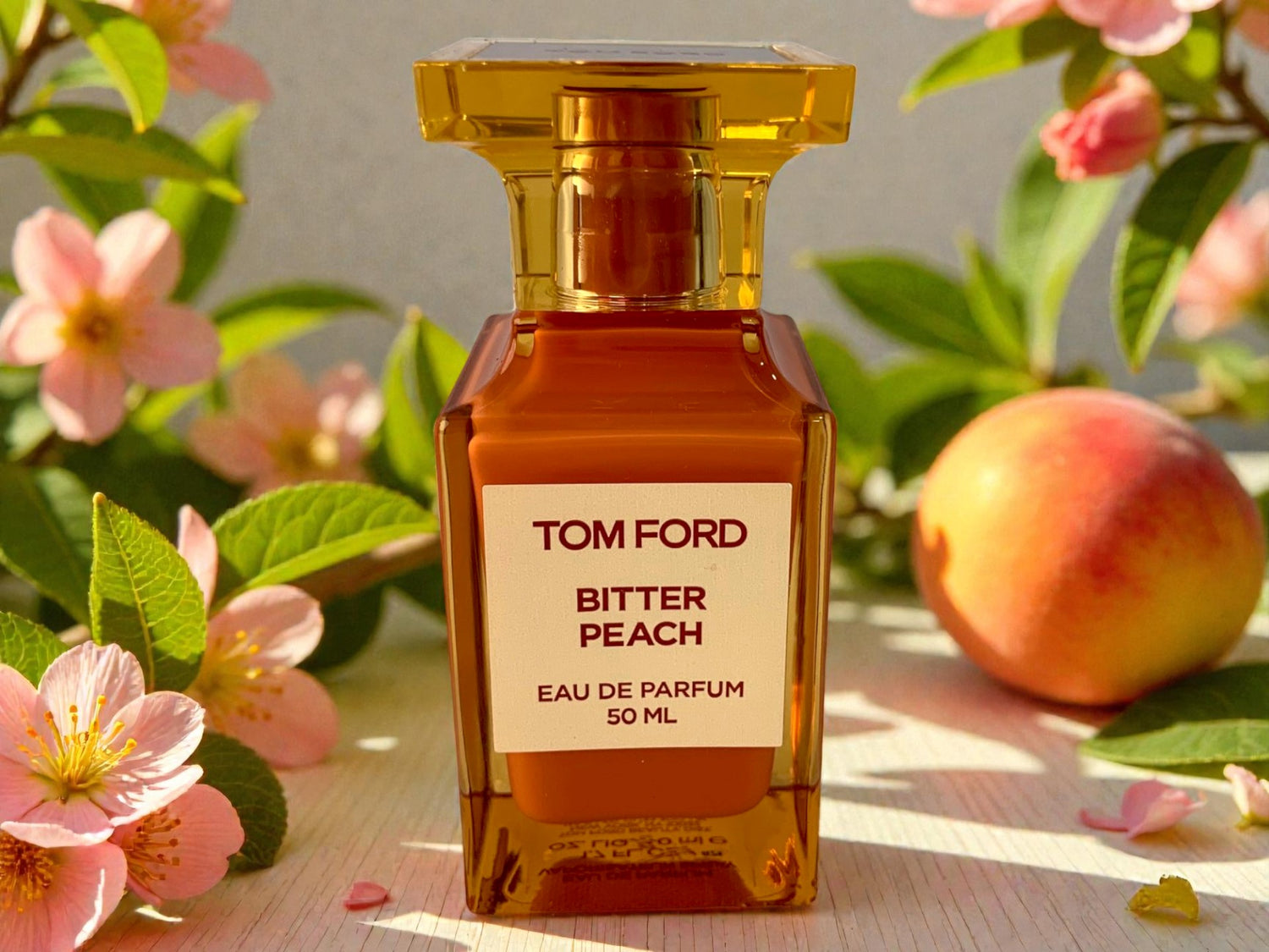 Tom Ford Bitter Peach perfume bottle with peach and flowers in the background