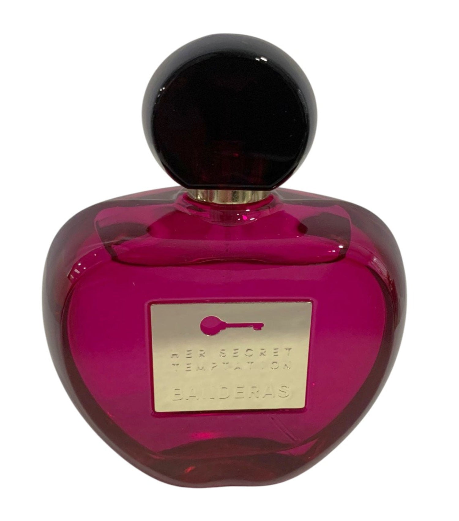 Pink perfume bottle with a black cap on a white background