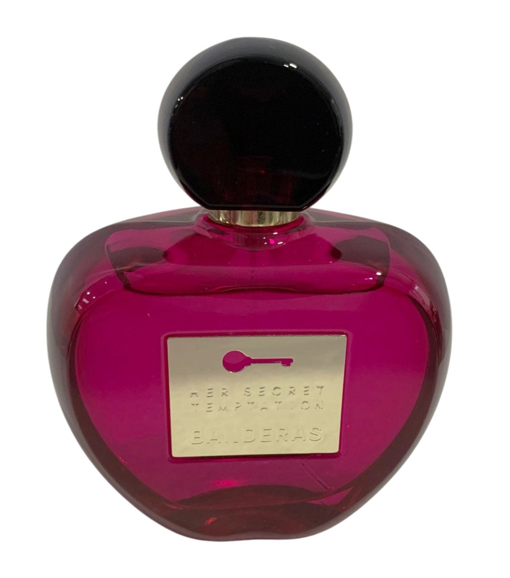 Pink perfume bottle with a black cap on a white background