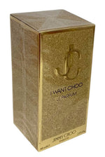 Gold glittery box of Jimmy Choo perfume on a white background