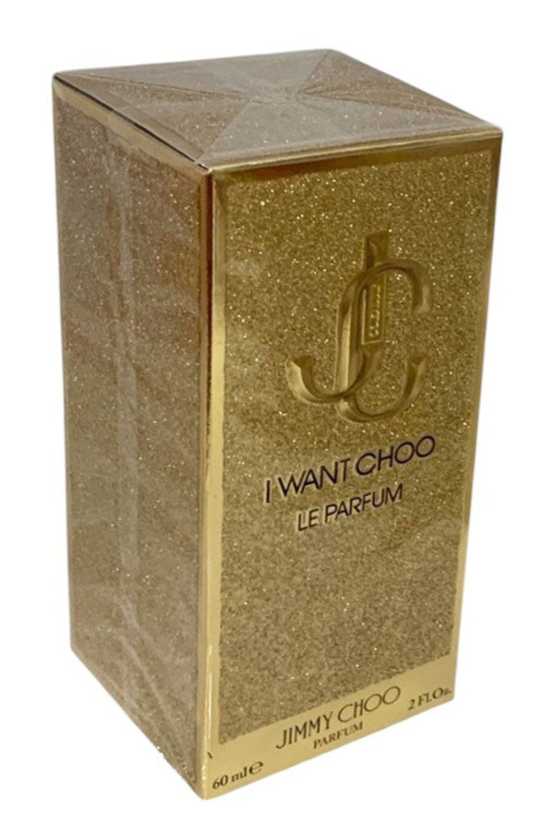 Gold glittery box of Jimmy Choo perfume on a white background